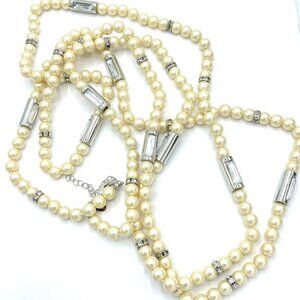 LIA SOPHIA LATE 80s VINTAGE IVORY FAUX PEARL SILVER-TONE RHINESTONE 73"NECKLACE